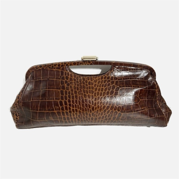 Elliott Lucca Crocodile-Embossed Brown 🤎Leather Clutch Cut Out Handles Lined - Picture 1 of 14